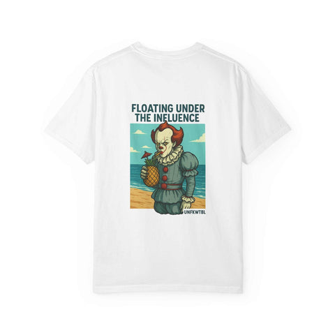 White unisex t-shirt with Pennywise floating graphic and "Floating Under The Influence" text.