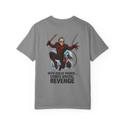 Gray unisex Revenge T-shirt featuring Jason Voorhees and Spider-Man graphic with "With Great Power... Comes Brutal Revenge" text