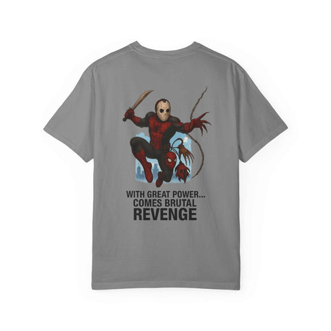 Gray unisex Revenge T-shirt featuring Jason Voorhees and Spider-Man graphic with "With Great Power... Comes Brutal Revenge" text