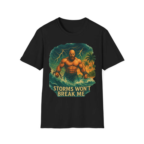 Black unisex T-shirt with muscular atlas graphic and "Storms Won&