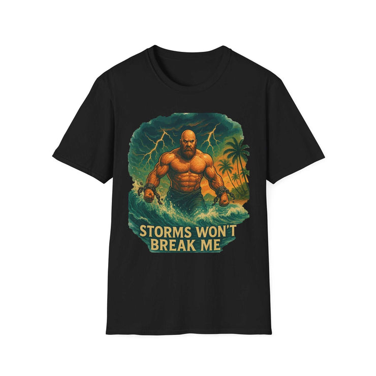 Black unisex T-shirt with muscular atlas graphic and "Storms Won&