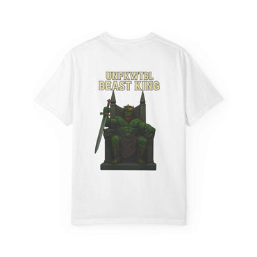 White unisex garment-dyed t-shirt with Beast King graphic design and text on back