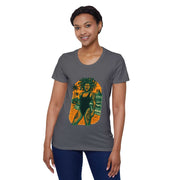 Woman wearing Bohemian Goddess Organic T-Shirt with vibrant Medusa inspired design on gray short sleeve tee