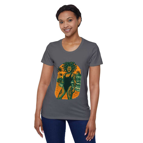 Woman wearing Bohemian Goddess Organic T-Shirt with vibrant Medusa inspired design on gray short sleeve tee