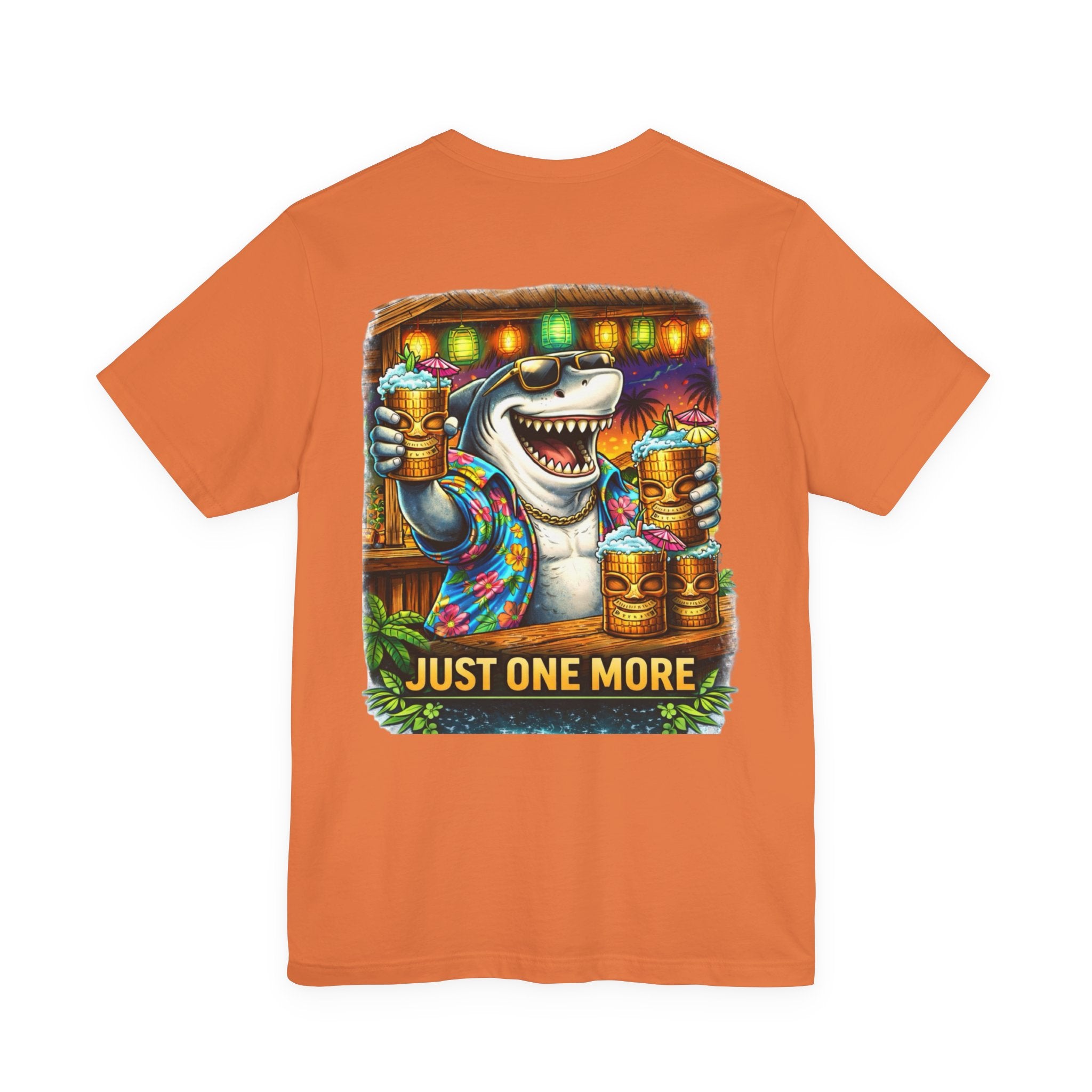 Shark Tiki Party Tee — "Just One More" Tropical Bar Graphic Shirt