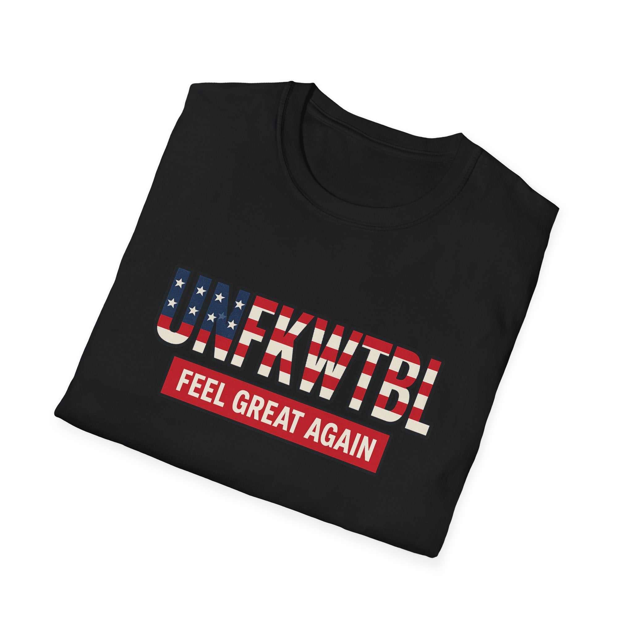 Lightweight crew-neck T-shirt with distressed American flag and FEEL GREAT AGAIN graphic on chest