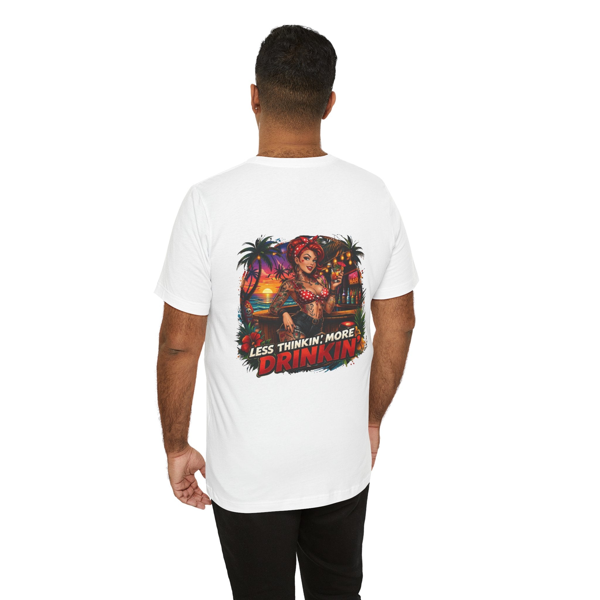 Beach Pinup T‑Shirt — "Less Thinkin', More Drinkin'" Retro Tropical Tee