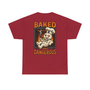 Red graphic tee with a dough boy chilling in an oven and smoking a cinnamon stick design