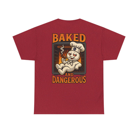 Red graphic tee with a dough boy chilling in an oven and smoking a cinnamon stick design