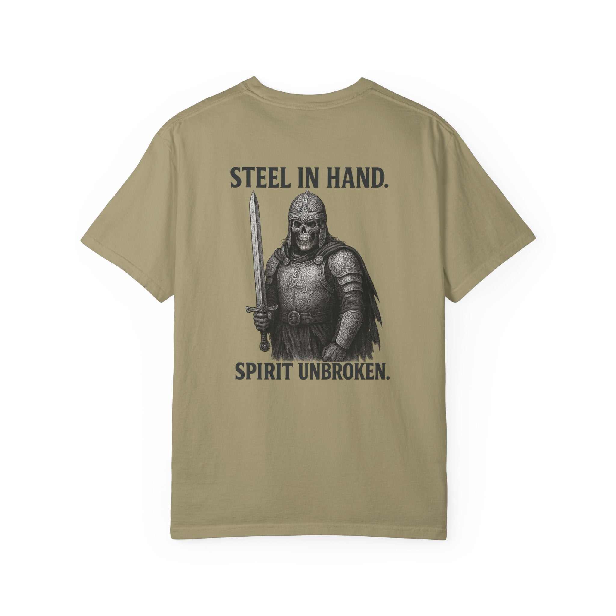 Garment-dyed t-shirt with Celtic Warrior fallen warrior battle design on high-quality US cotton