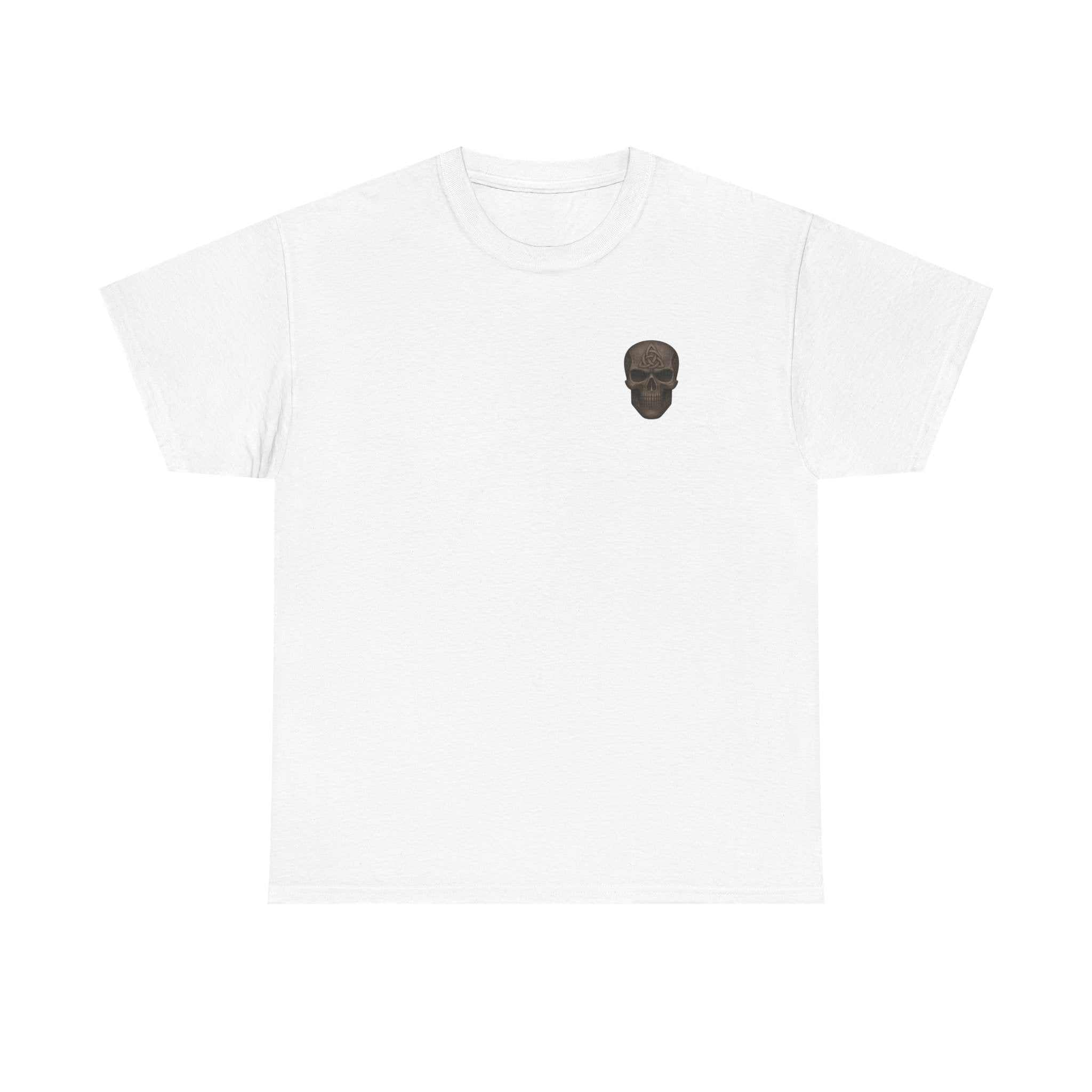 White unisex heavy cotton tee with small black skull graphic on chest, motivational and inspirational design, comfortable everyday wear