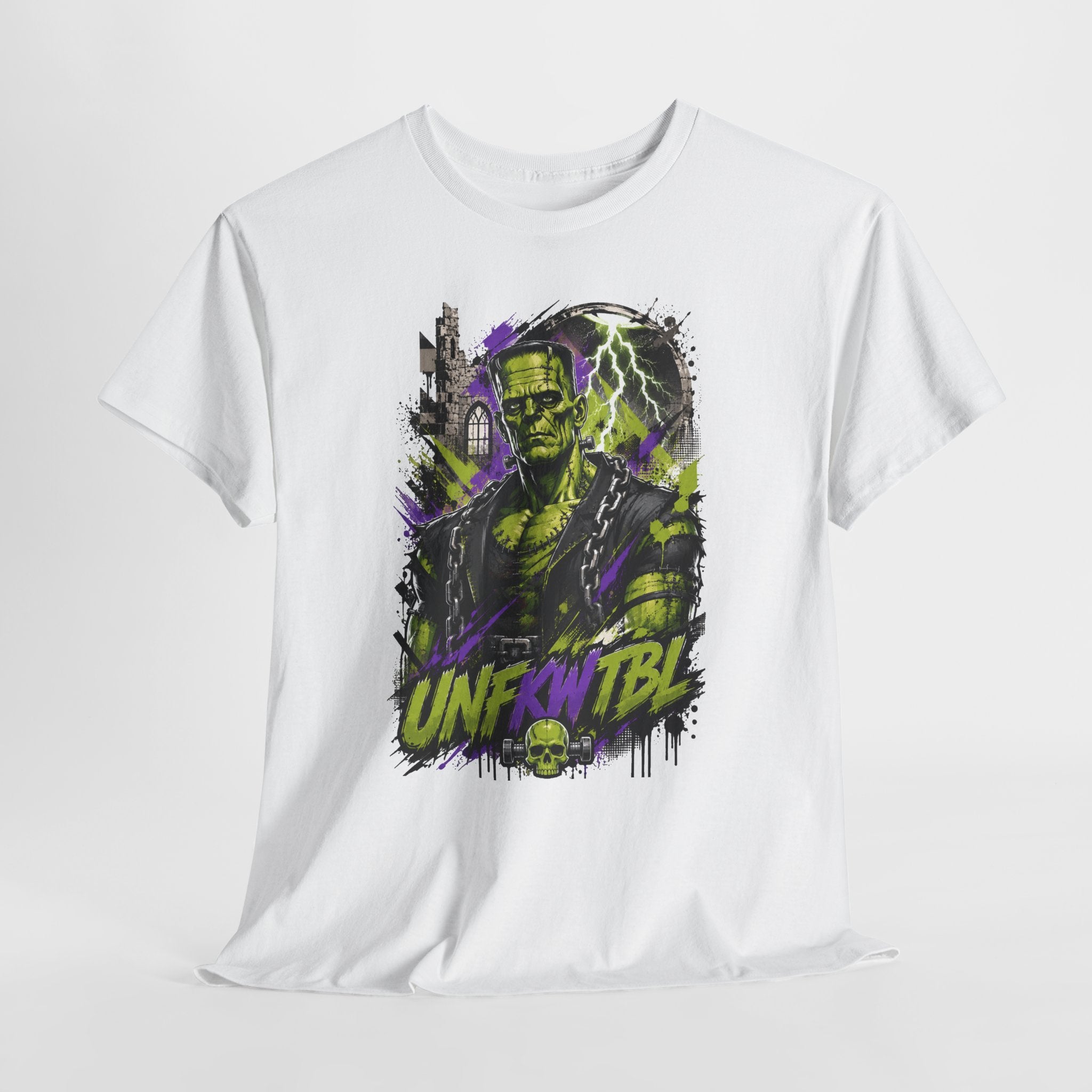 Frankenstein Monster Abstract Tee — "UNFKW TBL" Neon Horror Graphic Shirt