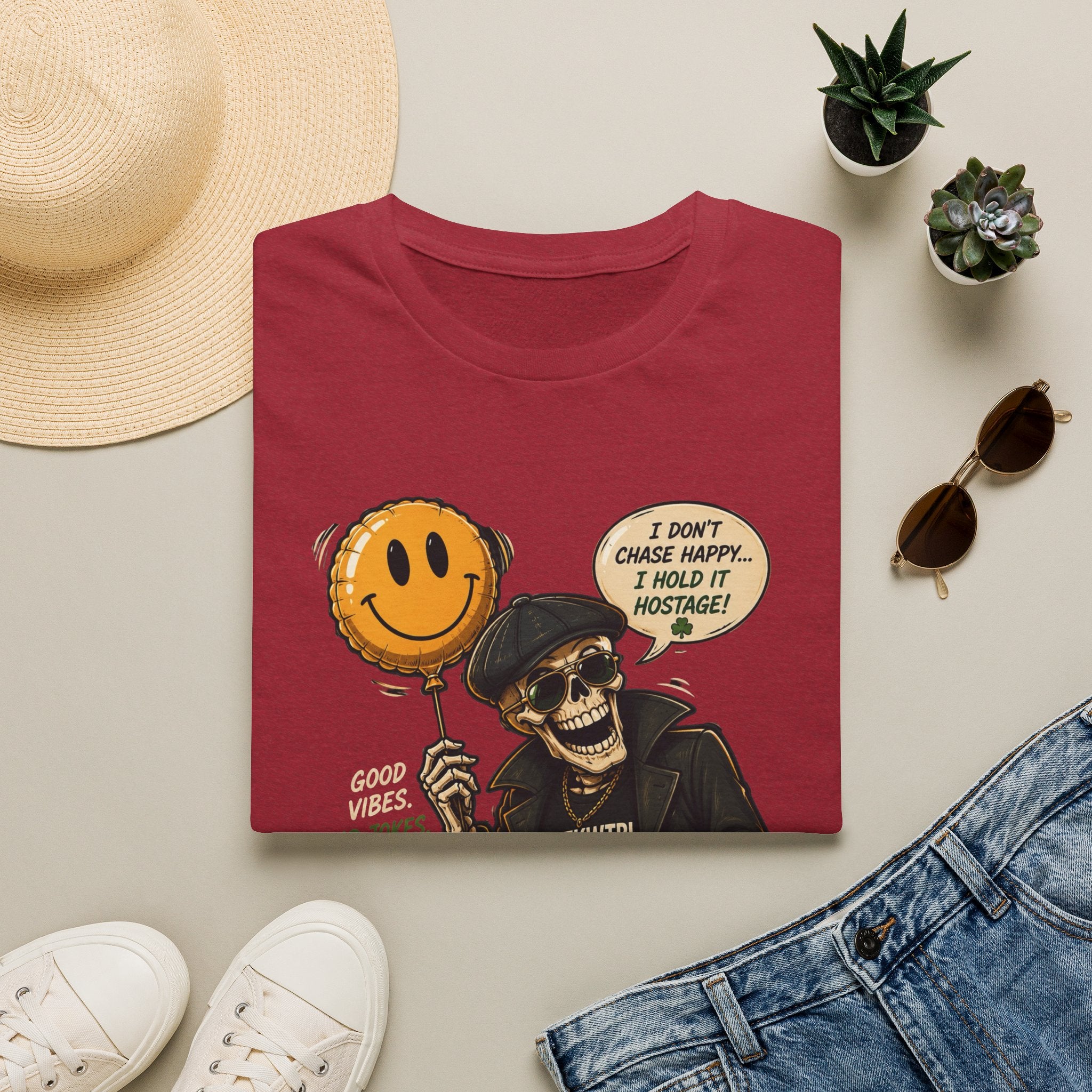 Skull with Smiley Balloon T-Shirt — “I Don’t Chase Happy… I Hold It Hostage” Graphic Tee