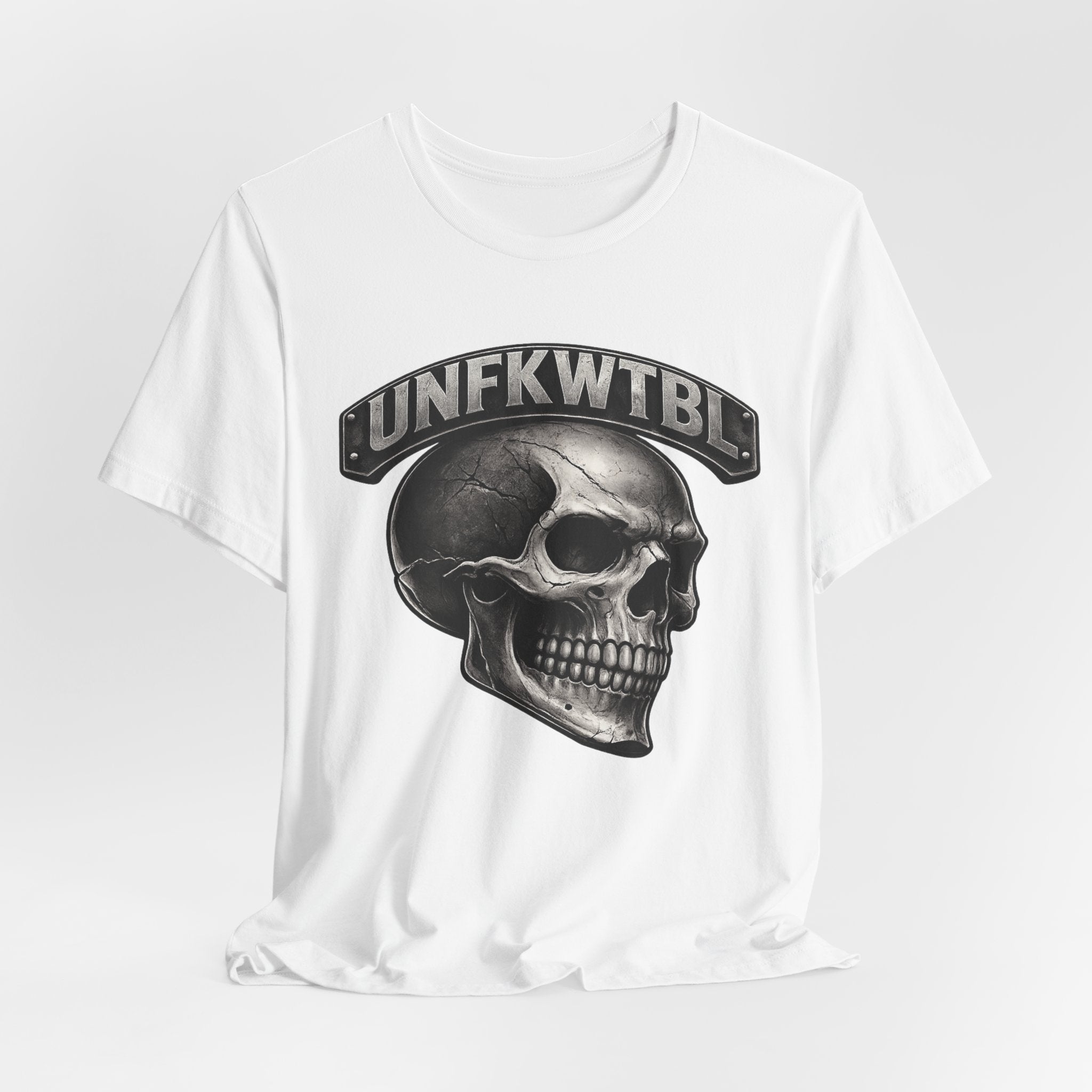 Skull Graphic Tee with 'UNFKWTBL' Banner — Gothic Skull T-Shirt