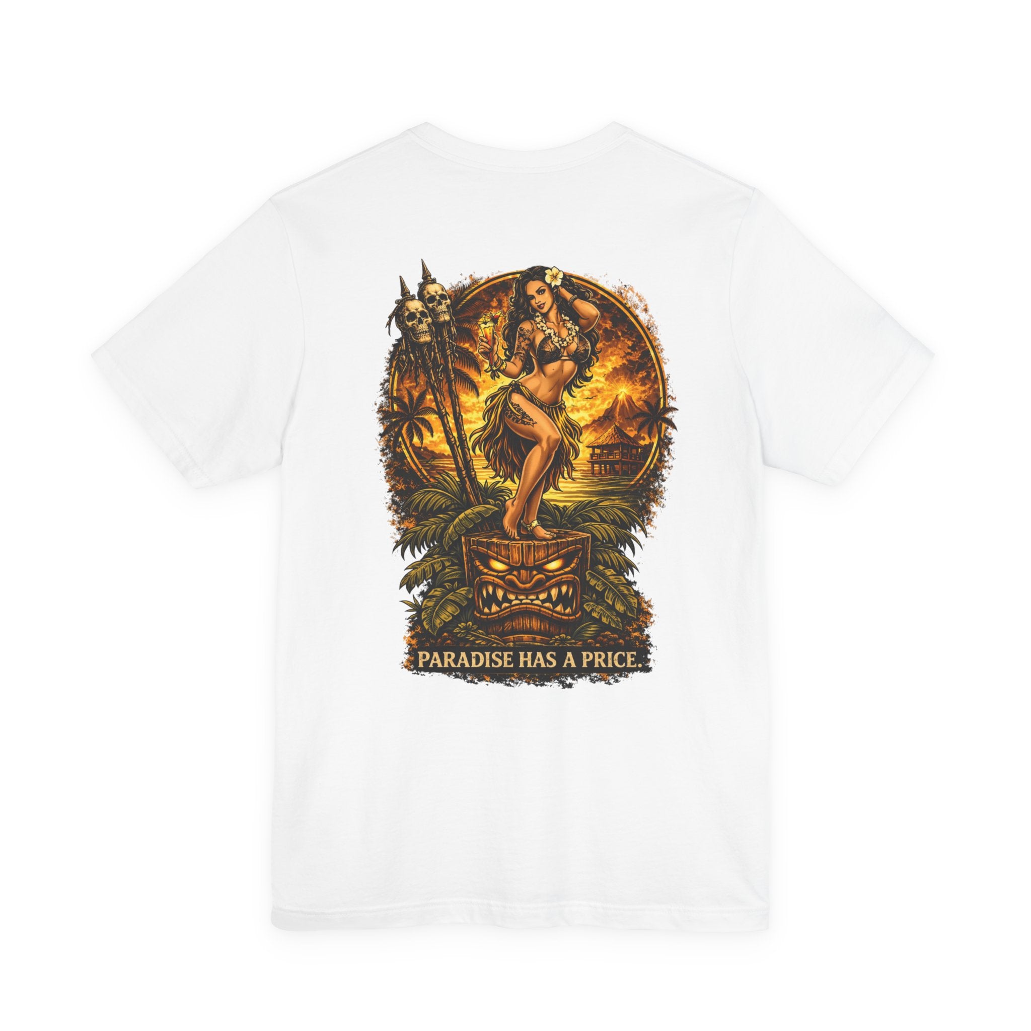 Paradise Has a Price T‑Shirt — Tropical Pinup Sunset Graphic Tee