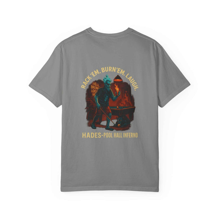 Hades Pool Hall Inferno unisex garment-dyed gray t-shirt with vintage pool hall graphic and text design