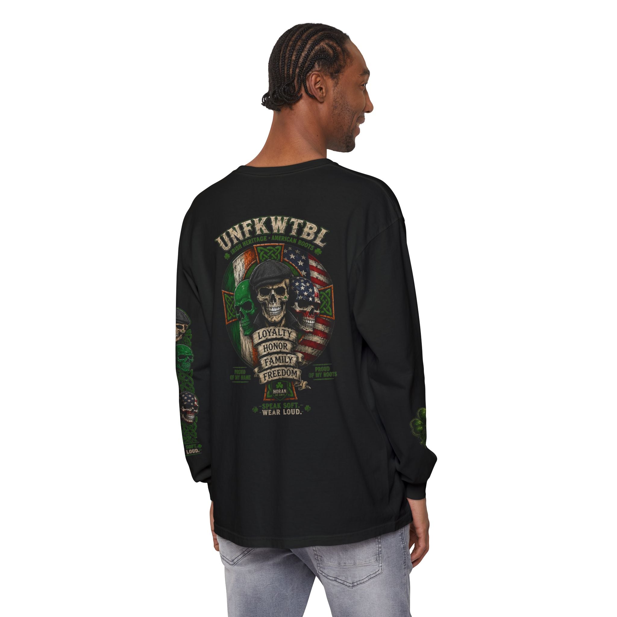 Skull & Flags Long Sleeve T-Shirt — Loyalty Honor Family Freedom