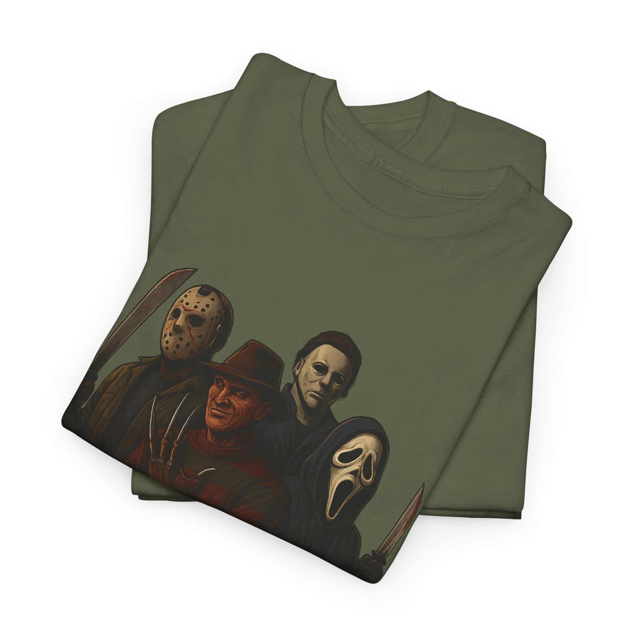Horror Villains Tee featuring Michael, Freddy, Jason, and Ghostface faces on unisex black T-shirt