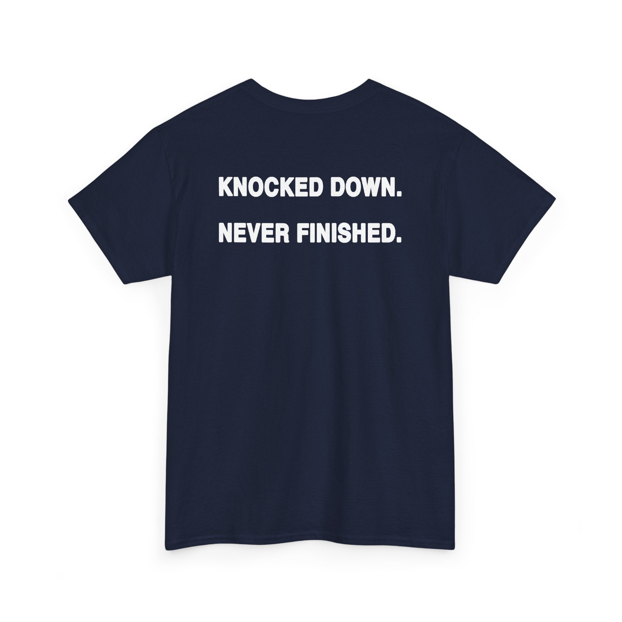 Graphic Tee — “Knocked Down. Never Finished.” Motivational Skull T-Shirt