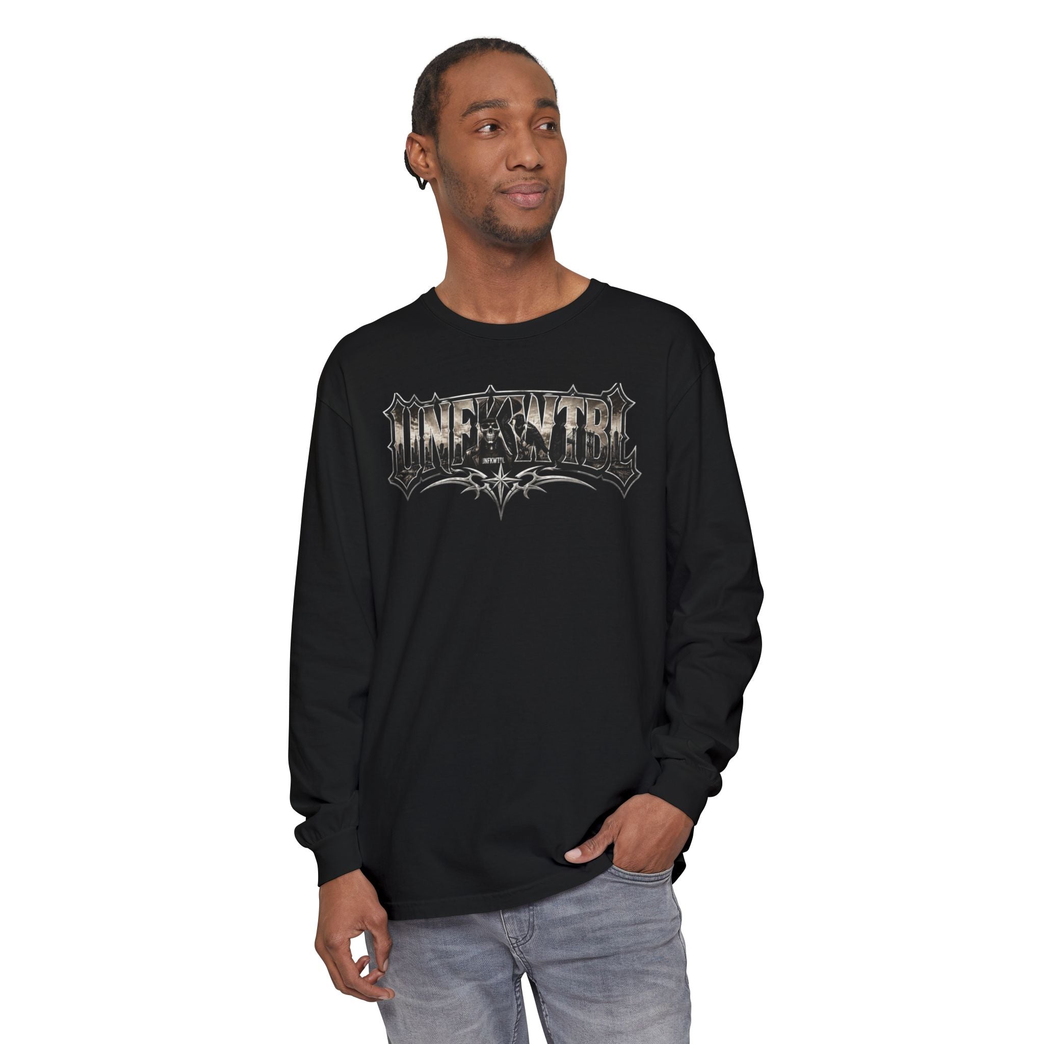 Metal Logo Long Sleeve T‑Shirt — 'UNDEFEATED' Gothic Graphic