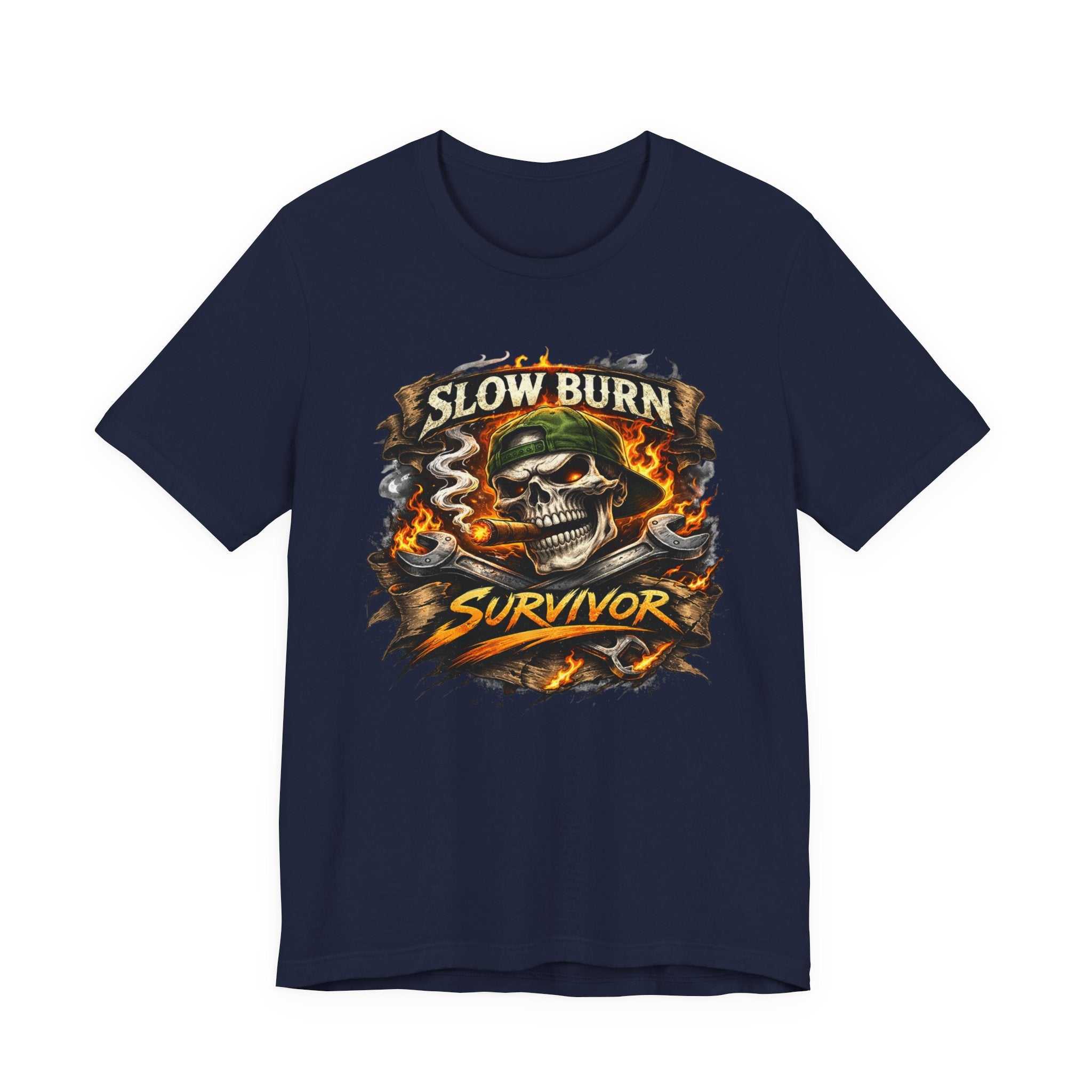 Slow Burn Survivor T‑Shirt — Skull Flame Vintage Motorcycle Tee