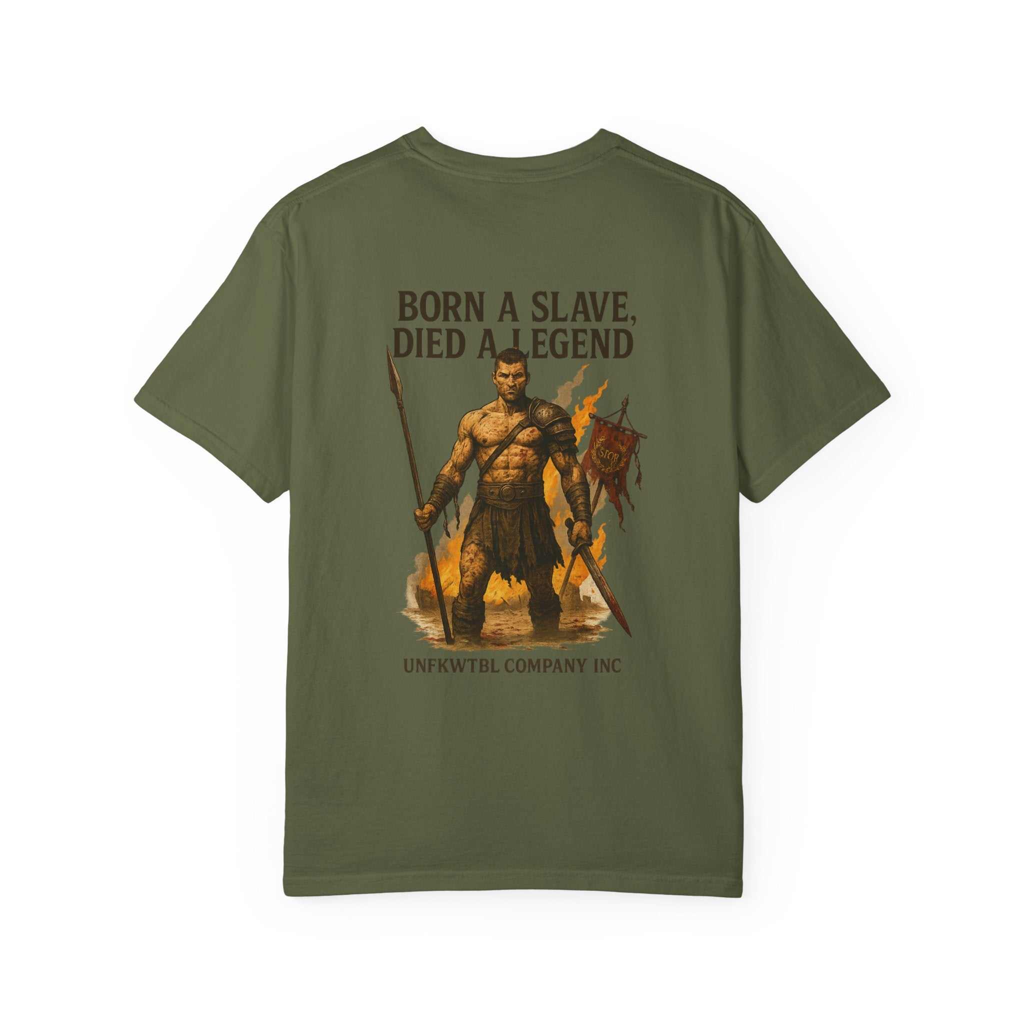 Unisex garment-dyed olive green t-shirt with a gladiator graphic and "Born a Slave, Died a Legend" text on the back.