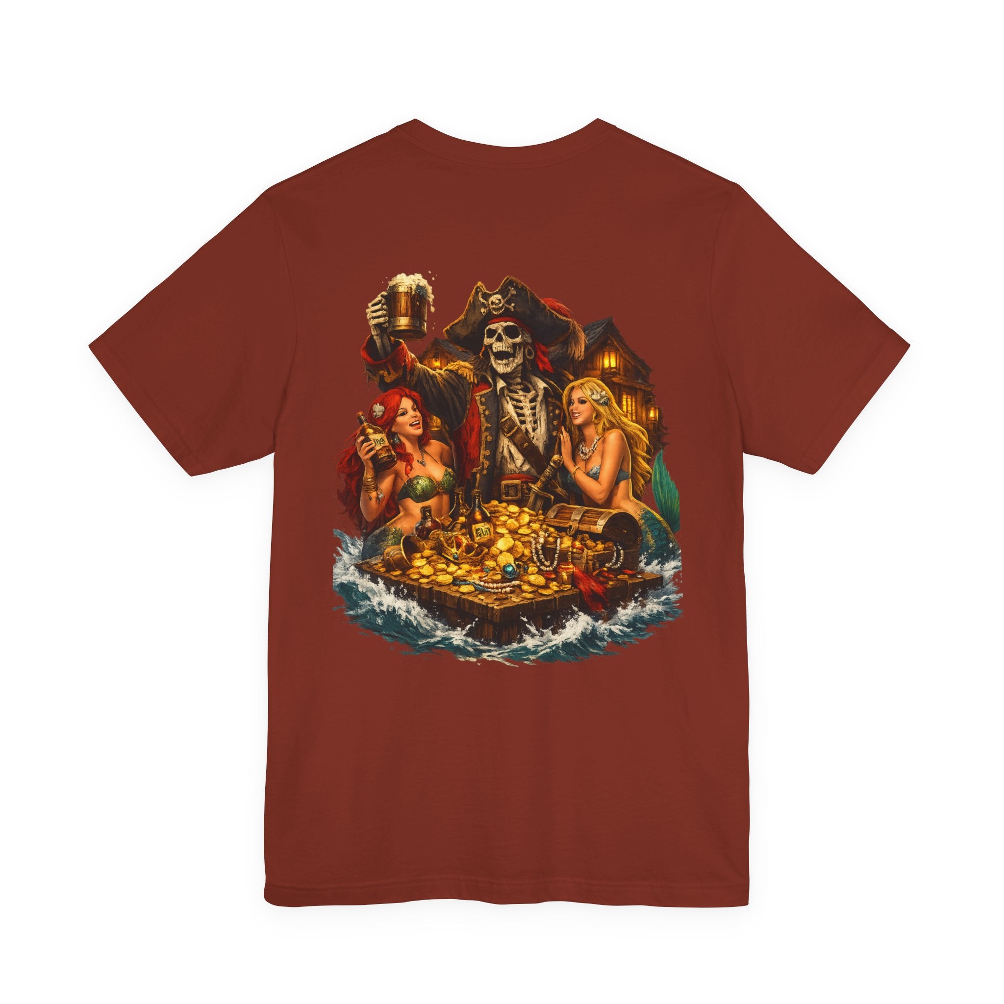 Pirate Skull Treasure Tee — Skeleton Captain, Mermaids & Gold Chest Graphic T-Shirt