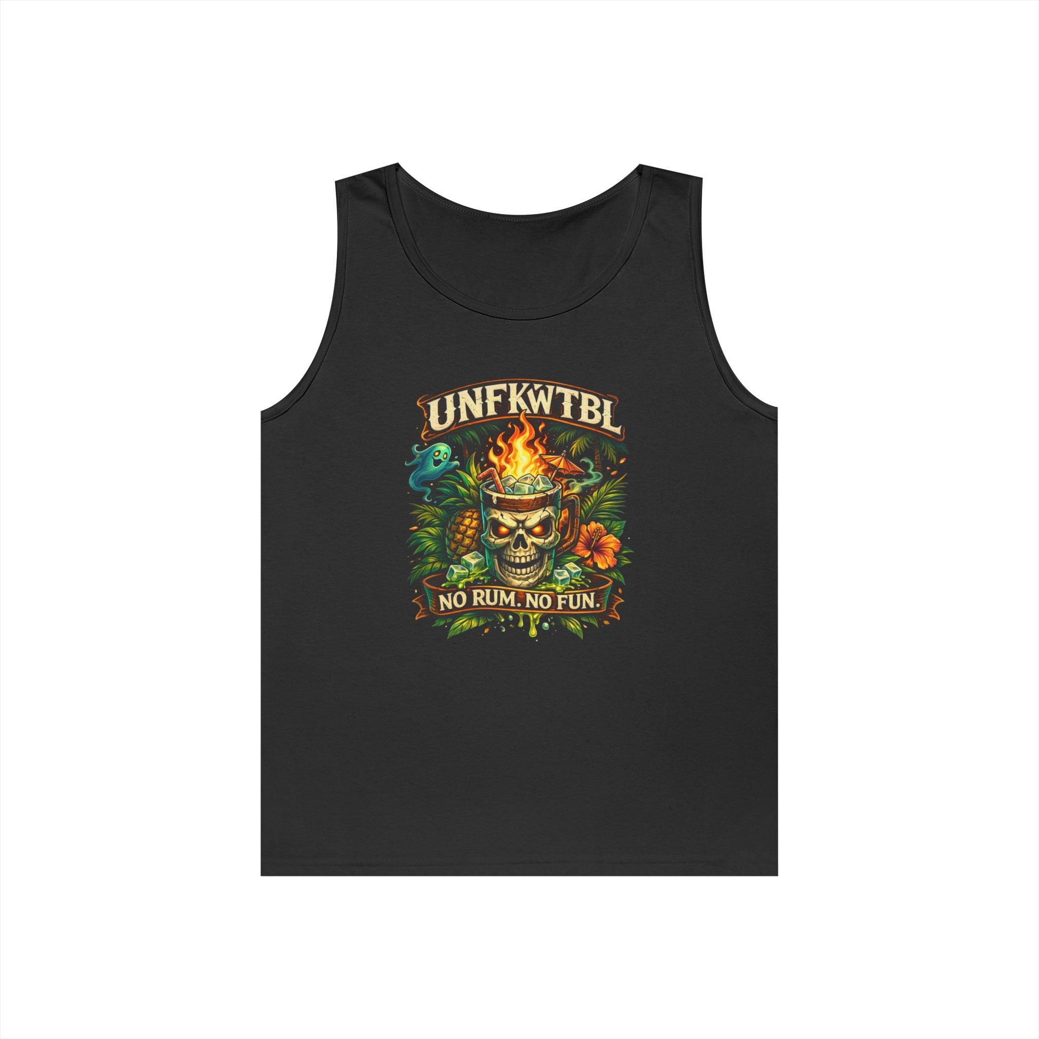 Tiki Skull Tank Top — “No Rum, No Fun” Tropical Beach Party Graphic Tank