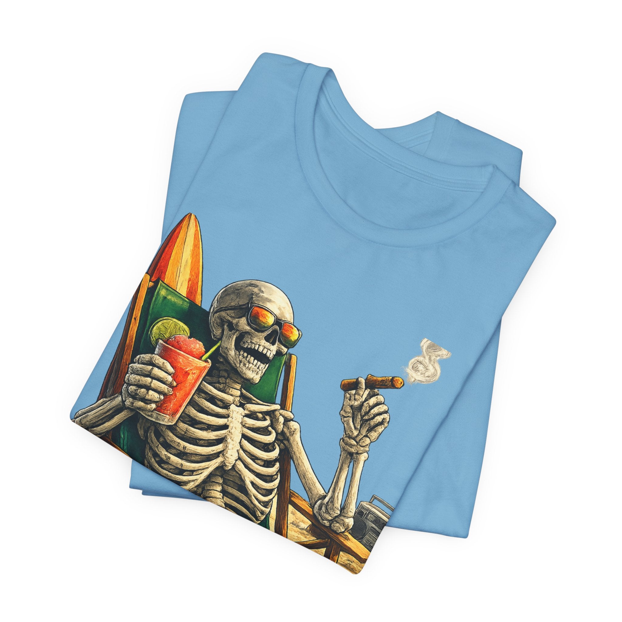 Skeleton Beach Tee — "On Island Time" Tropical Skull Vacation T-Shirt