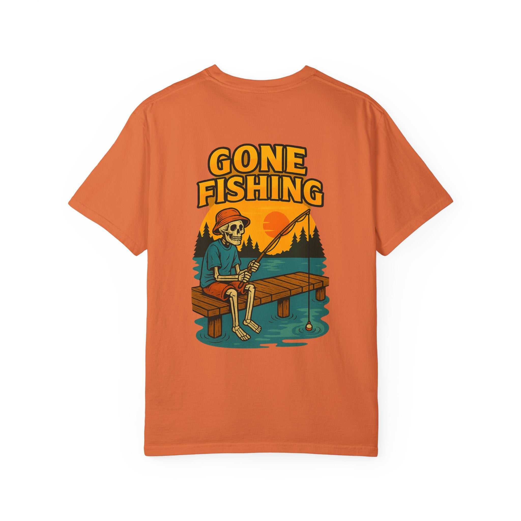 Chill Skeleton Fishing T-shirt with vintage sunlit lake scene on relaxed garment-dyed cotton tee