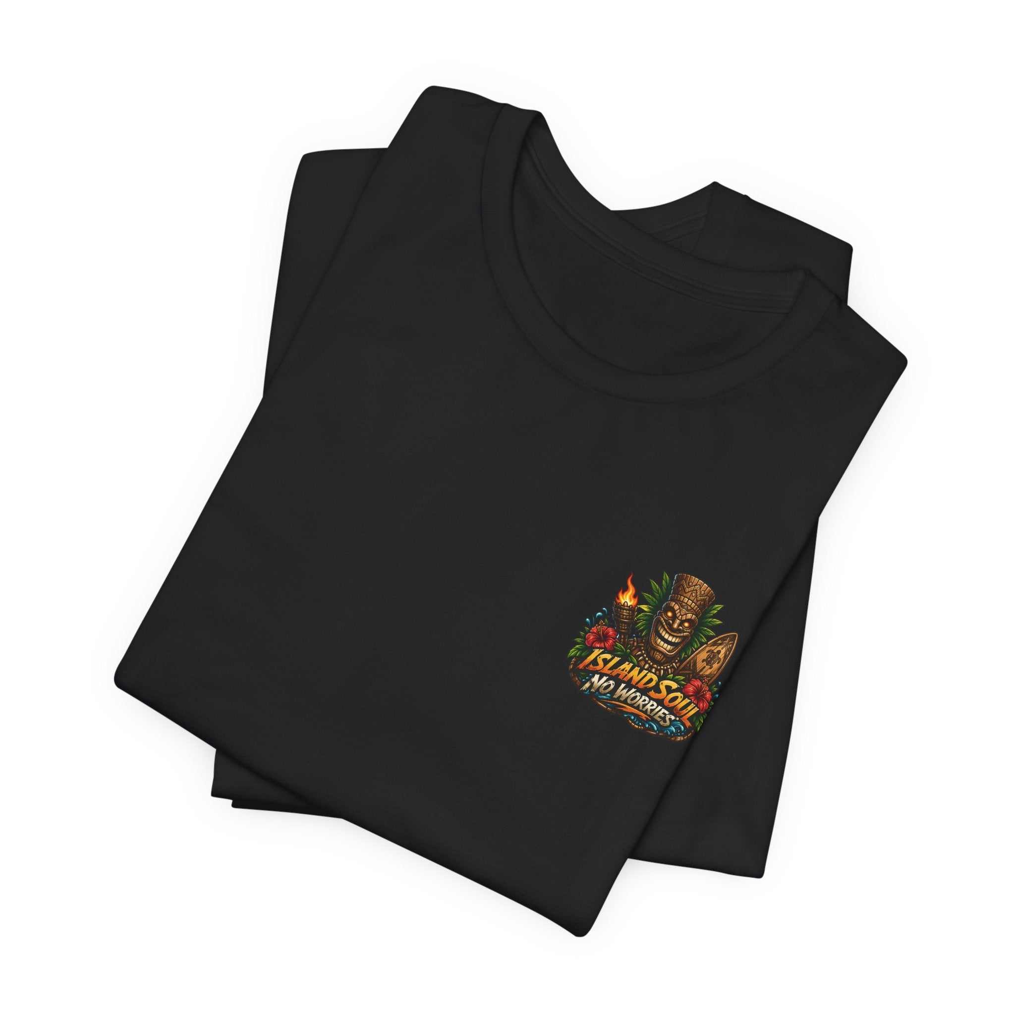 Tropical Tiki Tee with tiki, hibiscus flowers, and waves design on back, breathable cotton beach shirt