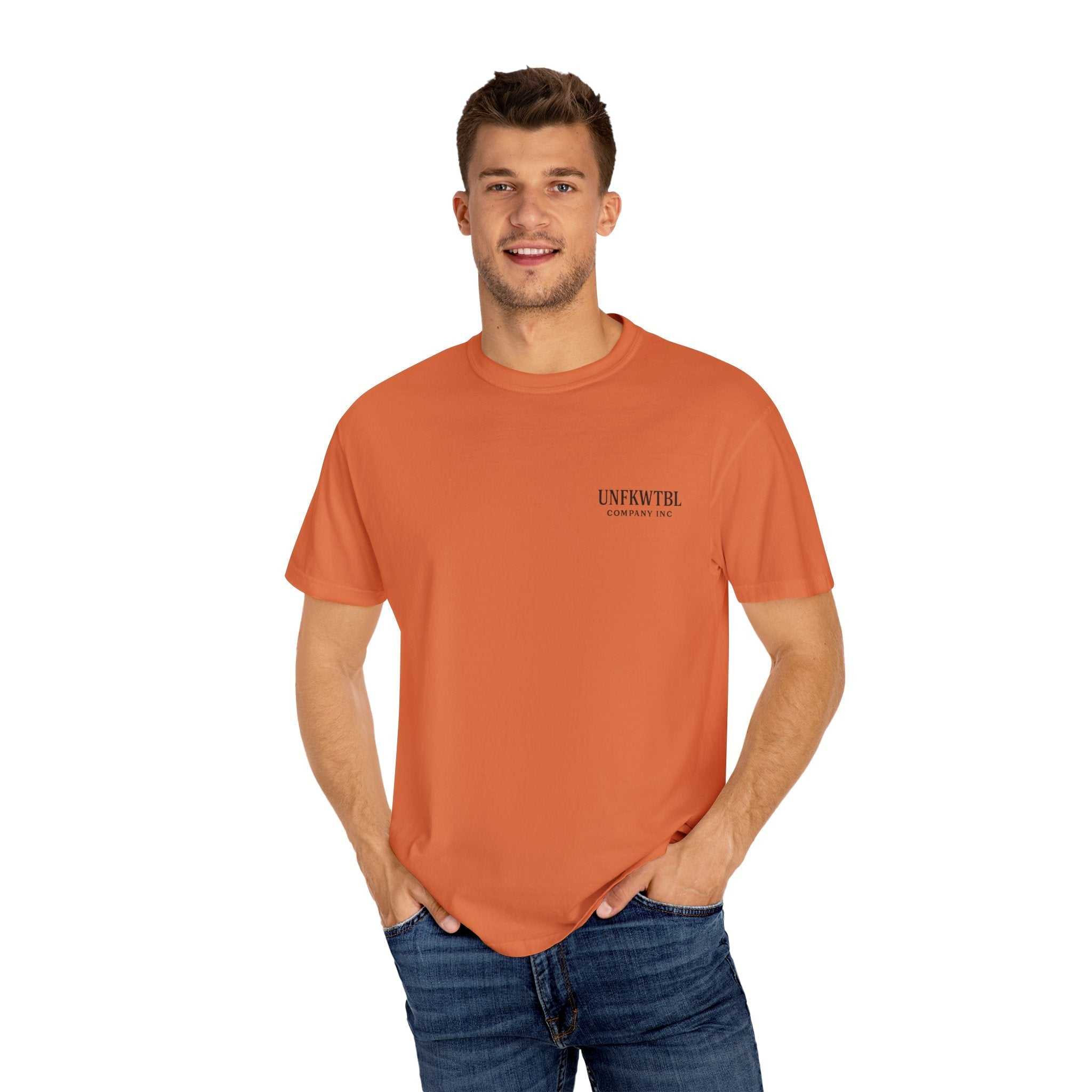 Man wearing steel and silence unisex T-shirt in rust color with logo on chest, casual fit and crew neckline