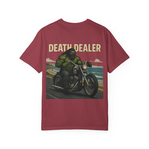 Unisex garment-dyed t-shirt with Death Dealer Design featuring biker graphic on back in red color