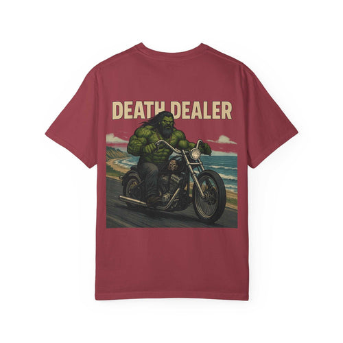 Unisex garment-dyed t-shirt with Death Dealer Design featuring biker graphic on back in red color
