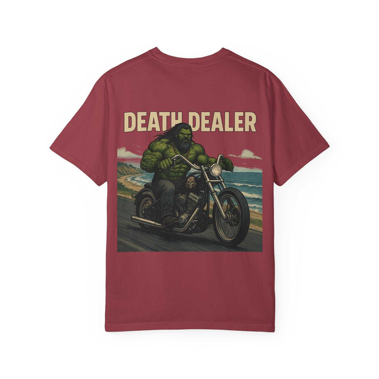Unisex garment-dyed t-shirt with Death Dealer Design featuring biker graphic on back in red color