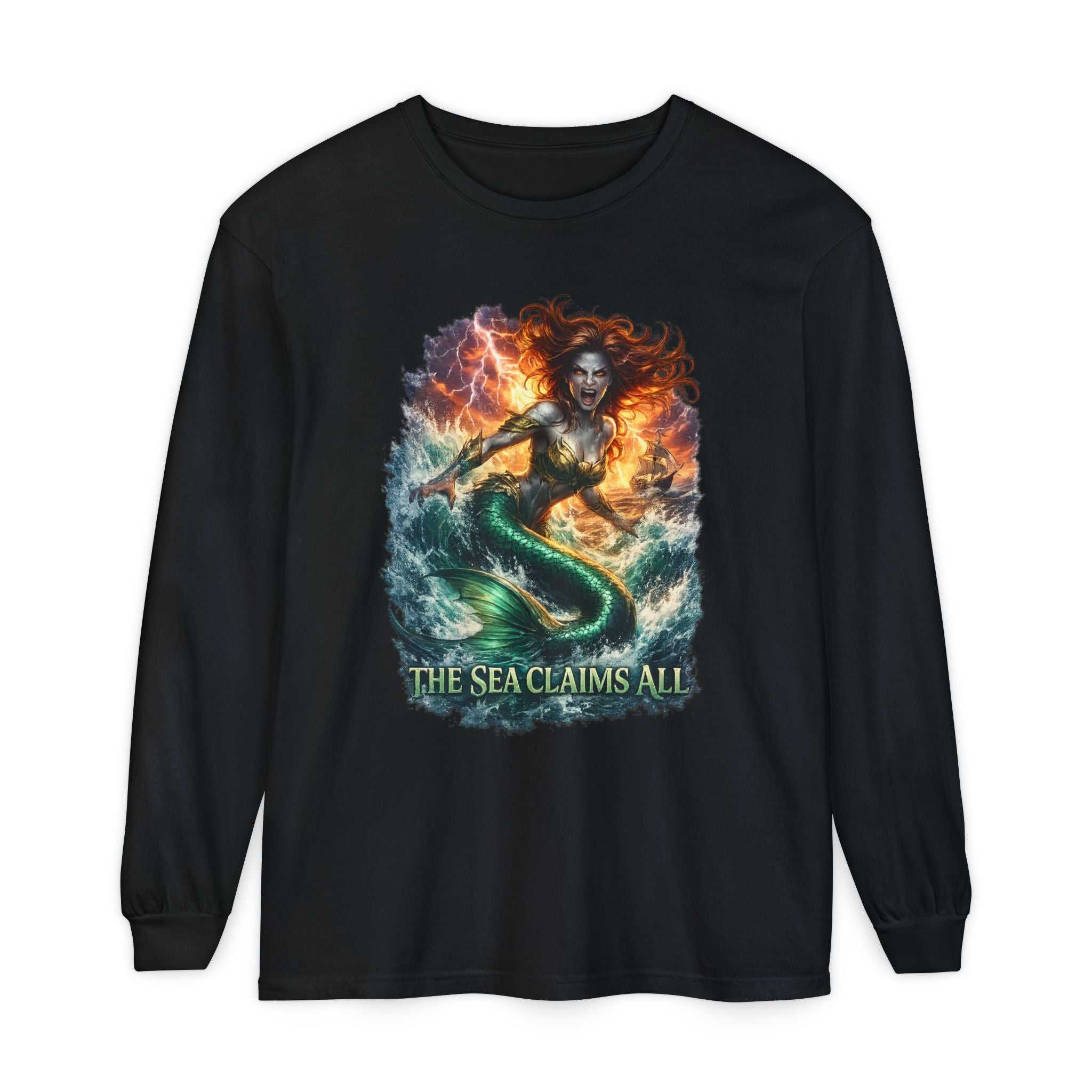 Mermaid Graphic Long Sleeve Tee — "The Sea Claims All" Nautical Fantasy Shirt