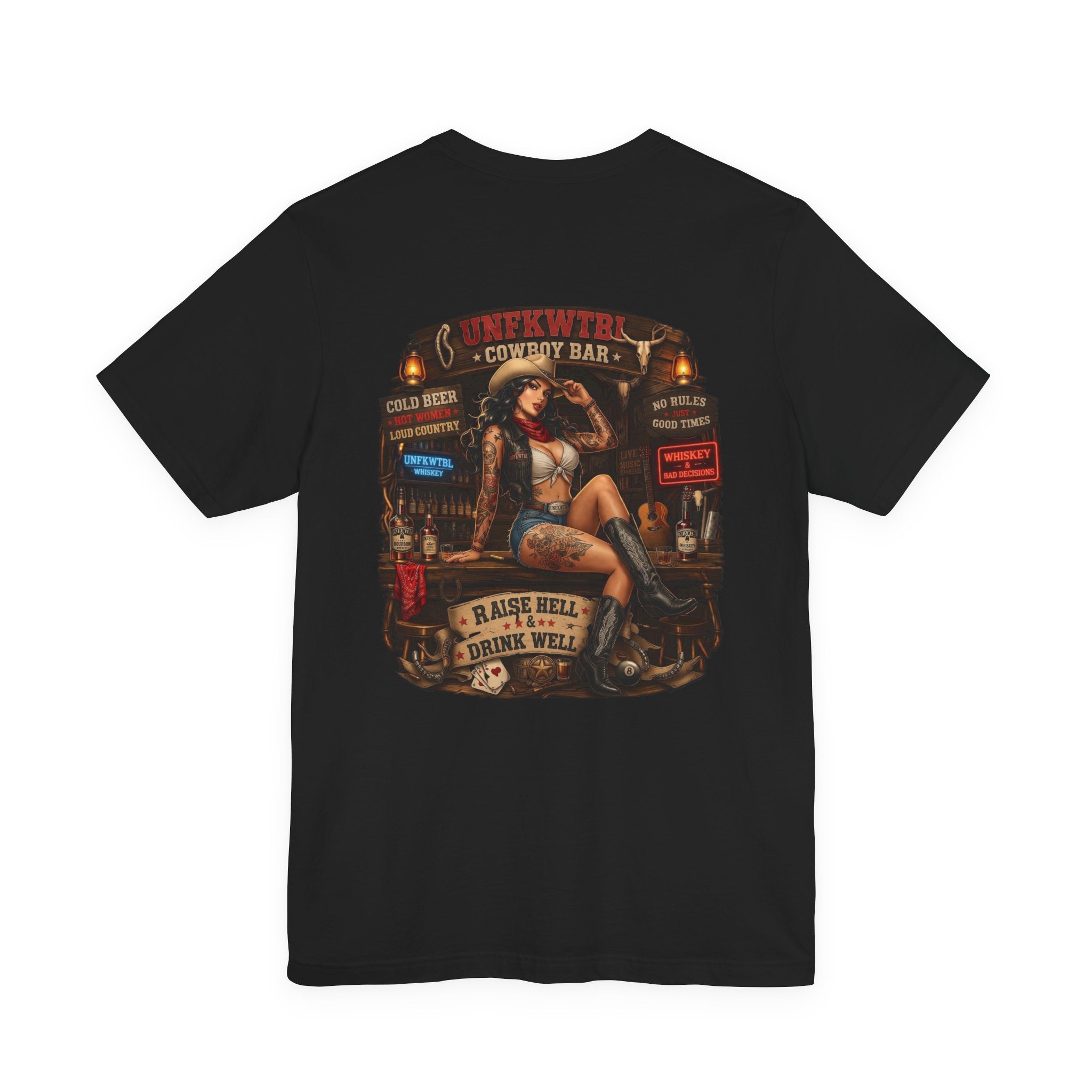 Biker Bar Graphic Tee — "Raise Hell, Drink Well" Vintage Pinup T-Shirt