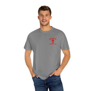 Gray graphic tee featuring Grim Reaper Hulk mashup design with red skull logo on chest, worn by male model