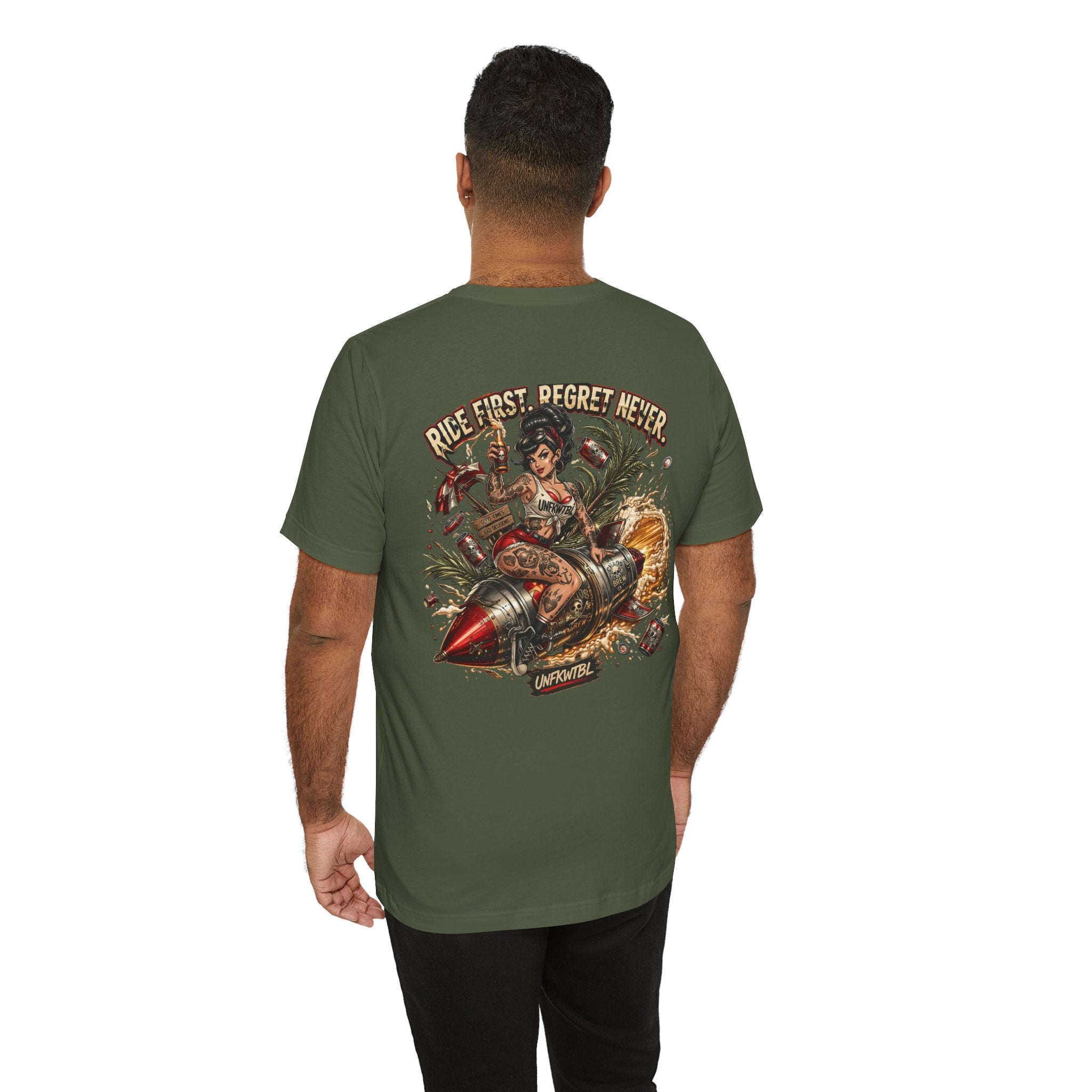 Ride First Regret Never Tee — Vintage Pinup Bomb Girl Motorcycle Graphic Shirt