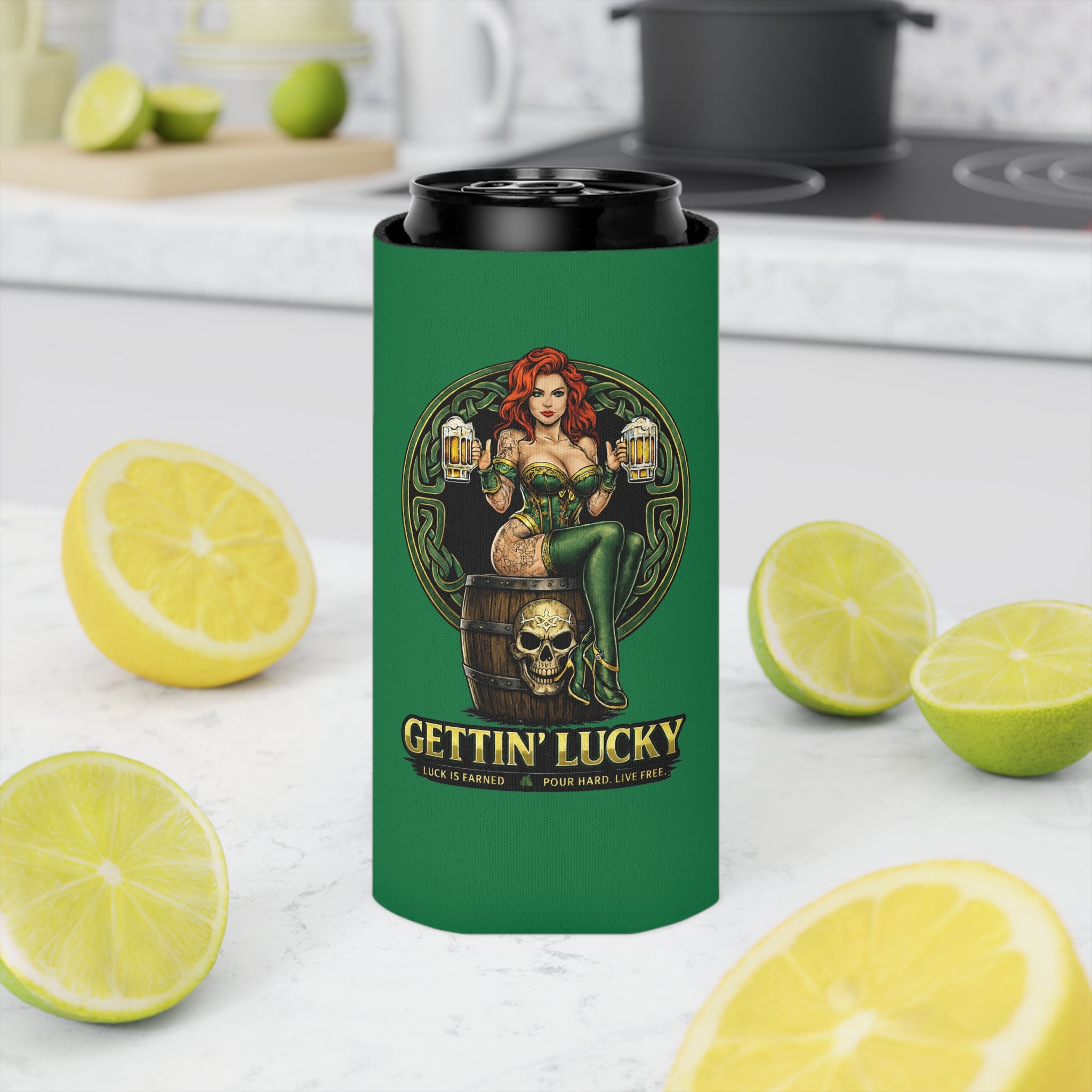 Gettin' Lucky / Stay Cold Can Cooler — St. Patrick's Day Pinup Beer Koozie