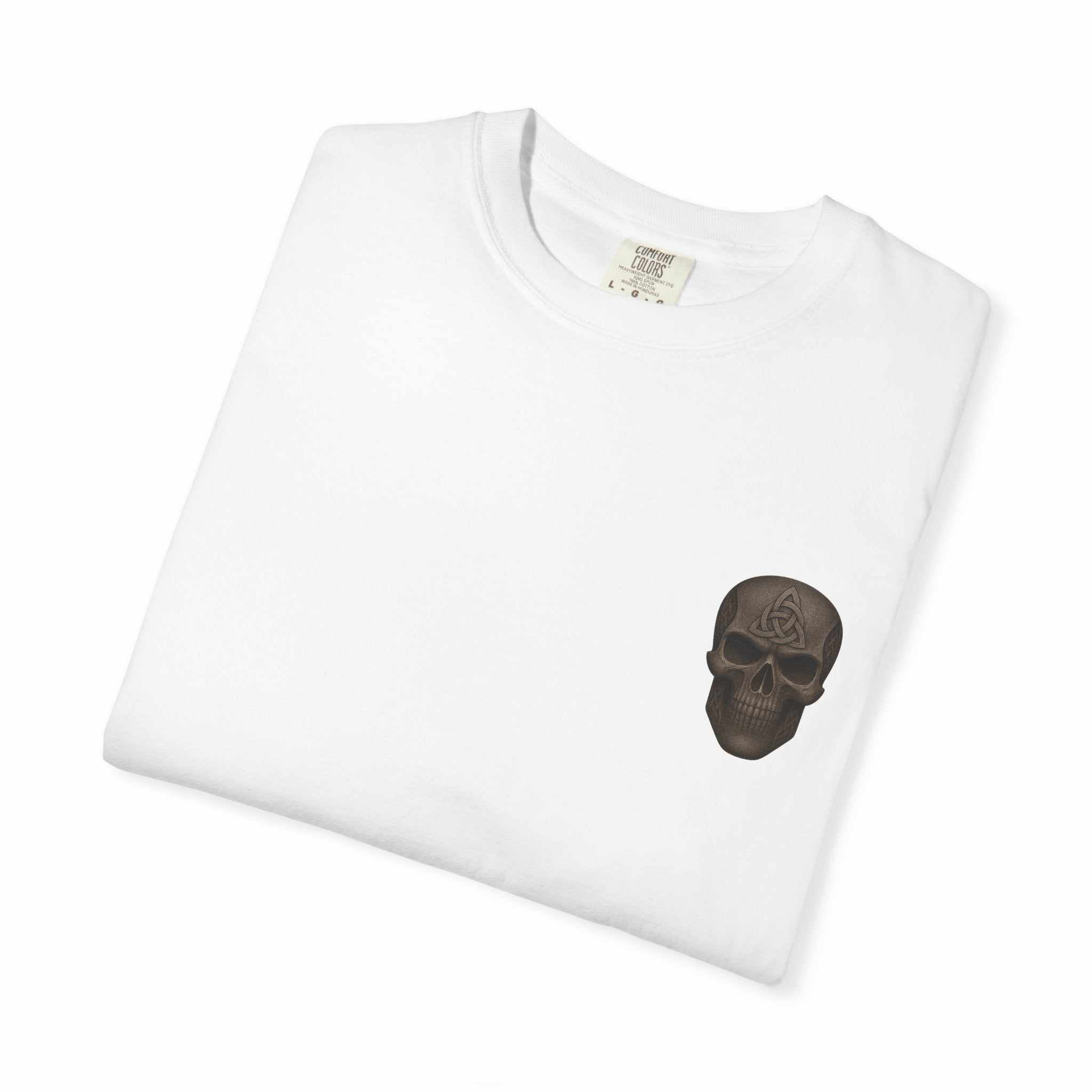 White unisex garment-dyed T-shirt with black skull graphic front design