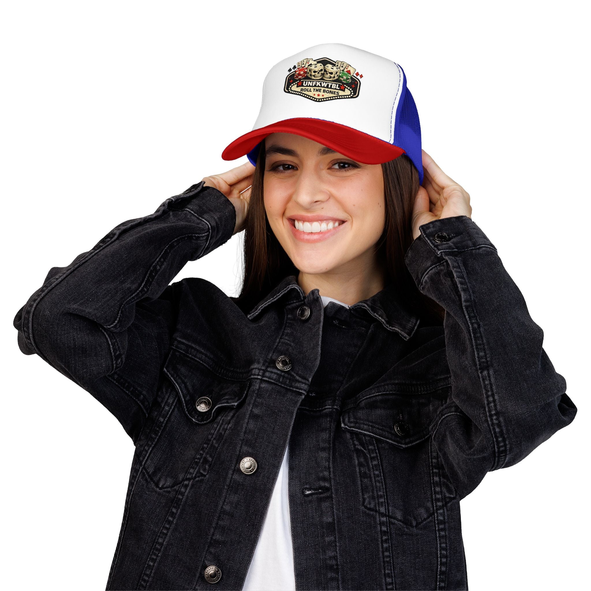 Roll the Bones Trucker Hat — Skull & Dice Poker Foam Cap