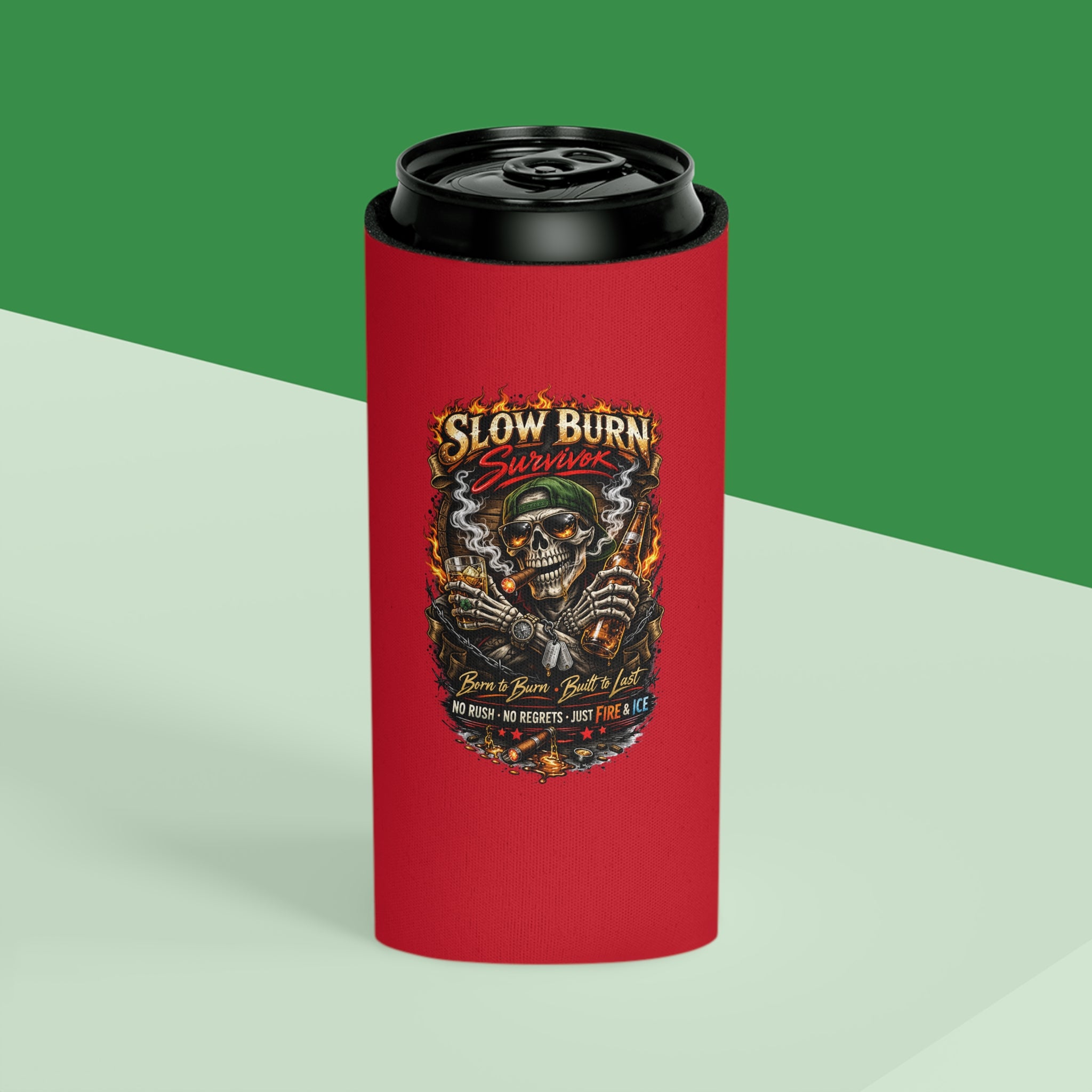 Can Cooler - "Stay Cold" Skeleton Beer Koozie (Slow Burn Survivor Vintage Skull Design)