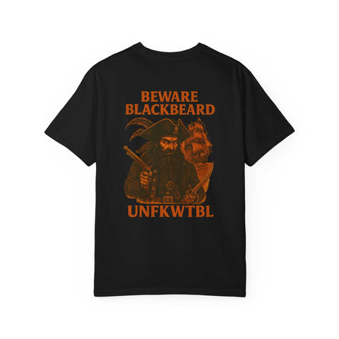 Black t-shirt with bold Blackbeard the Pirate design and "Beware Blackbeard" text