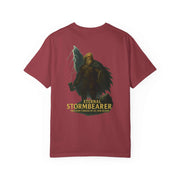 Eternal Stormbearer T-Shirt unisex garment-dyed tee with fantasy warrior graphic and lightning on maroon fabric
