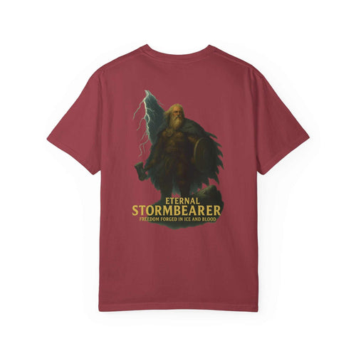 Eternal Stormbearer T-Shirt unisex garment-dyed tee with fantasy warrior graphic and lightning on maroon fabric