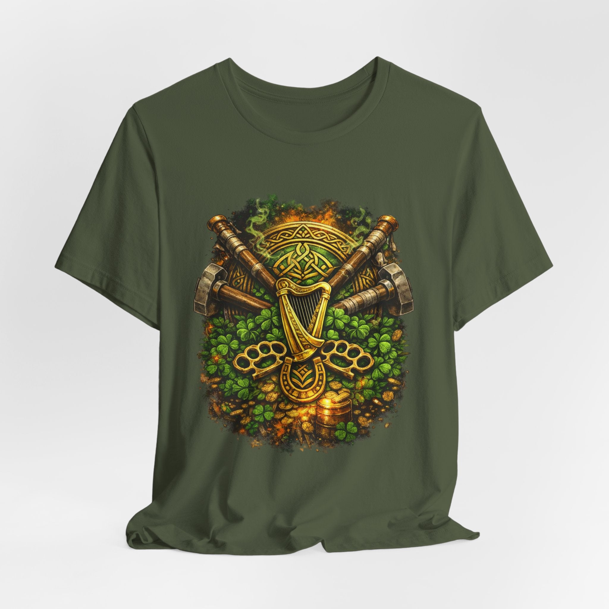 Celtic Harp & Axes T-Shirt — Irish Viking Shamrock Design