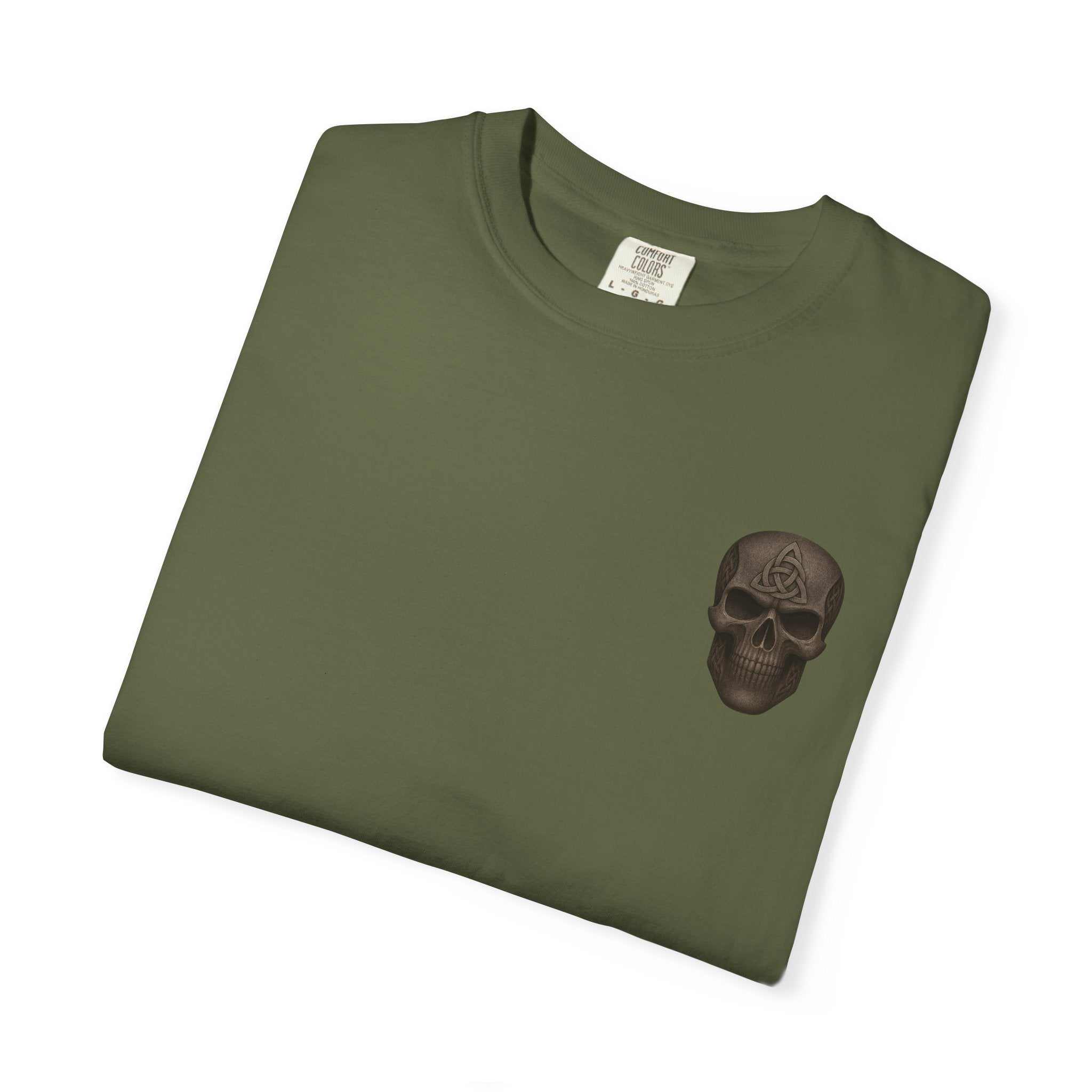 Folded olive green unisex garment-dyed t-shirt with a small black gladiator skull graphic on the chest