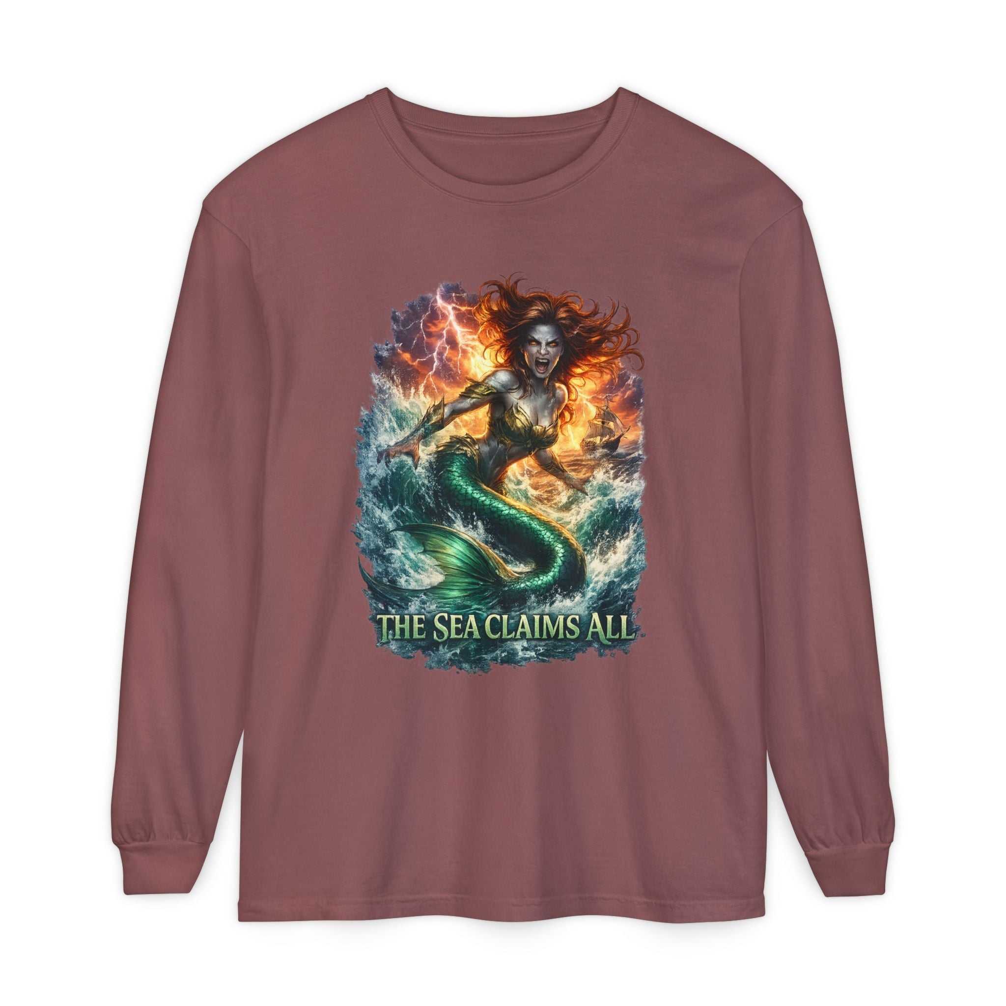 Mermaid Graphic Long Sleeve Tee with vengeful mermaid and "THE SEA CLAIMS ALL" text on garment-dyed cotton
