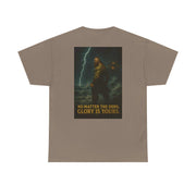 Unisex Inspirational Quote Tee with motivational artwork and text "No matter the odds, glory is yours" in brown heavy cotton fabric
